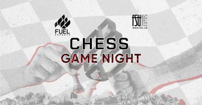 Two hands engaged in a chess game with a bold Chess Game Night text overlay and Fuel Esports and Fanshawe Student Union logos.