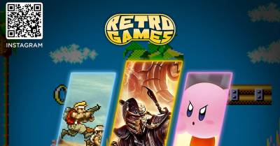 Three vertical panels showcase classic video game characters: a pixelated soldier, a fantasy warrior, and a pink cartoon figure, set against a retro game background.