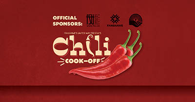 Three red chili peppers on a deep red background with text promoting the Fanshawe United Way Chili Cook-Off event and official sponsors logos.
