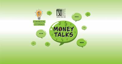 Green speech bubbles surround a large one labeled Money Talks with dollar signs, promoting financial literacy by Fanshawe Student Union.