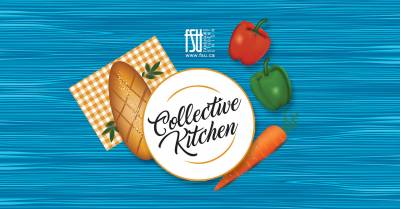 Top view of a loaf of bread on a checkered cloth, a red and green bell pepper, and a carrot surrounding a plate with Collective Kitchen text on a blue wooden surface.