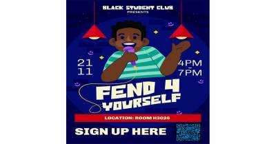 Illustration of a person with a phone under red lamps, promoting Black Student Club Fend 4 Yourself event on Nov 21 from 4:00 p.m. to 7:00 p.m. in Room H3026.