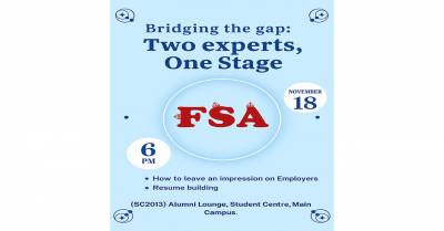 Event poster for FSA on November 18 at 6:00 p.m. featuring two experts on stage, discussing bridging the gap with resume building and employer impressions.