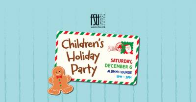 Invitation card for a Childrens Holiday Party on Saturday, December 6, from 1 p.m. to 3 p.m. in Alumni Lounge, decorated with a gingerbread man and festive stamp.