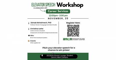 Flyer for an Elevator Speech Workshop with Career Services on November 20 from 12-2pm featuring speakers Zeinab Mcheimech, PhD, and Christina Larke.
