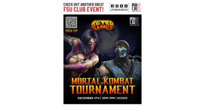 Promotional poster for a Mortal Kombat tournament hosted by FSU Retro Games club on December 4 from 4:00 p.m. to 7:00 p.m.