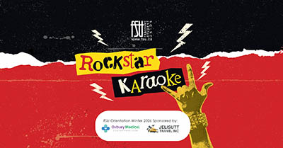 Rockstar Karaoke event poster with a hand making the rock sign and lightning bolts on a red and black background.
