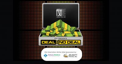 An illustration of a steel briefcase full of cash. The FSU and Deal Or No Deal logos are shown. Text states: Win up to $500. The FSU presents Deal Or No Deal.