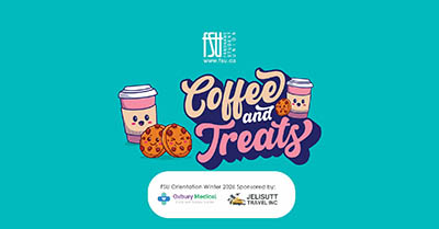 Colourful graphic with the phrase Coffee and Treats, alongside smiling coffee cups and chocolate chip cookies on a teal background.