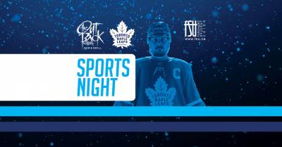 Toronto Maple Leafs hockey player in full gear with the letter C on a jersey against a blue starry background promoting Sports Night.