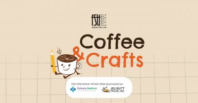 Illustration of a smiling coffee cup holding a pencil next to the text Coffee & Crafts on a beige background with FSU logo above.