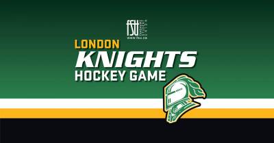 Graphic promoting the London Knights hockey game with the team's knight helmet logo on a green background.