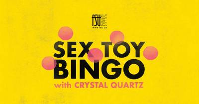 Bright yellow poster advertising a Sex Toy Bingo event hosted by Crystal Quartz with pink dots scattered around the bold black text.