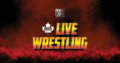 Bold yellow and orange text reading LIVE WRESTLING with a maple leaf logo and dark smoky background.