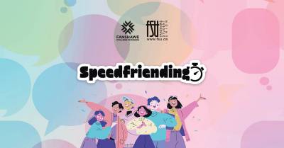 Illustration of six diverse young people happily posing together under the word Speedfriending with colourful speech bubbles in the background.