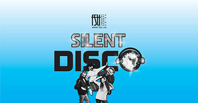 Blue gradient background with the words Silent Disco and a pixelated disco ball, featuring four people dancing joyfully below.