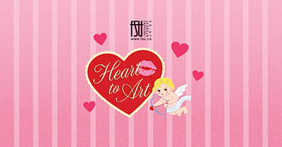 Red heart with Heart to Art text and a cupid holding a bow on a pink striped background with small hearts.