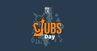 Clubs Day logo with the L in shape on a raised hand. There are symbols in the background to represent clubs, such as a chess piece and music notes. Text states: Join clubs. Create your own. Make new friends. Clubs Day.