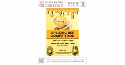 Cute bee mascot with honey dripping above, promoting  the Black Students Club Spelling Bee on January 30 from 4:00 p.m. to 7:00 p.m. in Alumni Lounge.