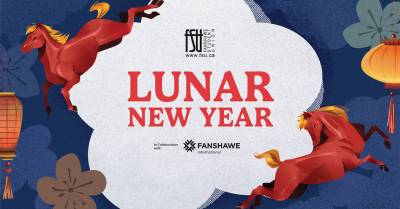 Red horses leap around bold red text reading Lunar New Year on a blue background with lanterns and floral patterns.