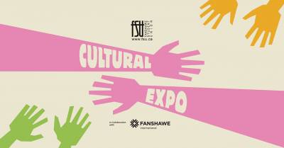 Colourful hands reaching towards each other with Cultural Expo text in bold pink bands on a light background.