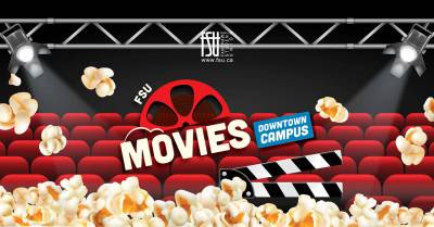 Red theater seats with popcorn scattered and a film reel promoting FSU Movies at Downtown Campus.