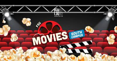 Red theater seats with popcorn scattered and a film reel promoting FSU Movies at South Campus.