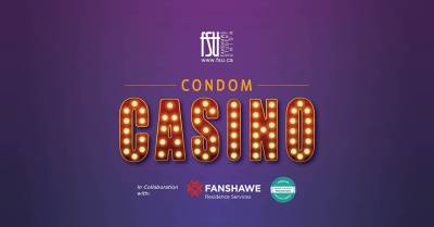 Bright marquee-style letters spelling CASINO with CONDOM above on a purple background promoting a safe sex event.
