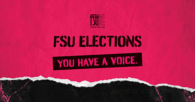 Bold pink and black graphic promoting FSU Elections with the message You have a voice.