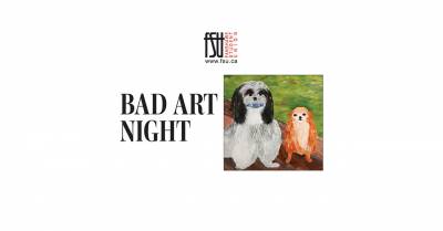 Painting of a black and white dog holding a blue bone and an orange monkey sitting on a wooden surface with a green background. Text states Bad Art Night.
