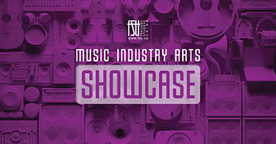 Various musical instruments and audio equipment are arranged in a flat lay with Music Industry Arts Showcase text overlay in purple tones.