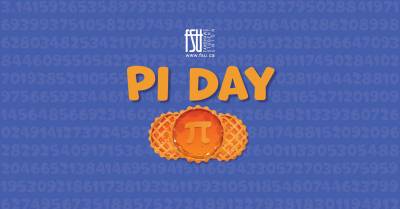 Orange text PI DAY above two waffles with a pi symbol on a blue background filled with digits of pi.