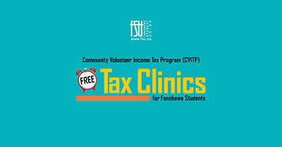 An illustration of a clock is displayed. Text states: Community Volunteer Income Tax Program (CVITP) Free Tax Clinics for Fanshawe students.