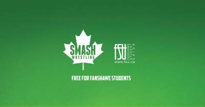 White Smash Wrestling logo shaped like a maple leaf on green background with Fanshawe Student Union branding and free event note.