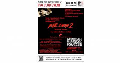 FSU Film Club presents Evil Dead 2 Blood Drive in partnership with Canadian Blood Services, encouraging blood donations with event details and QR code.