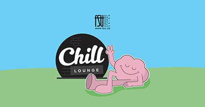 Illustration of a relaxed pink brain character lying on grass, flashing a peace sign next to a black circle with text stating Chill Lounge. The FSU logo is also shown.