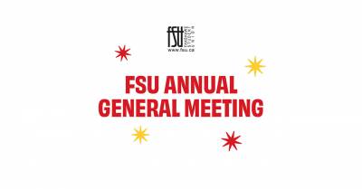 FSU Annual General Meeting announcement with details on date, time, location, and bingo prizes including an E-Scooter and MacBook Air.