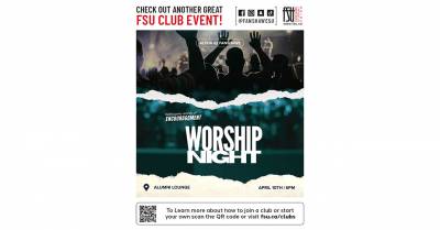 Silhouetted crowd raising hands in worship at FSU Worship Night event in Alumni Lounge on April 10 at 6 p.m.