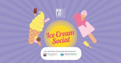 Illustrations of frozen treats. The FSU logo is shown, as are logos for Oxbury Medical and Foundry First. Text states: Ice Cream Social. Frozen Treats. Live Music.