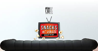 Black leather couch facing a retro TV screen displaying the text Snacks n chill Reality TV Day, with popcorn kernels floating around.