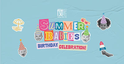 Colourful Summer Babies Birthday Celebration! text with party hats, sunglasses, a popsicle, and beach umbrella on a light blue background.