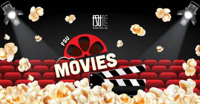Red theatre seats with popcorn scattered and falling, spotlighted film reel and clapperboard labeled FSU Movies on a black background.