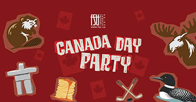 Illustration of Canada Day Party with Canadian symbols including a beaver, moose, loon, pancakes, hockey sticks, and an inukshuk on a red background.