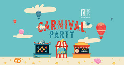 Colourful carnival party banner with game booths, popcorn, cotton candy, and hot air balloons against a blue sky.