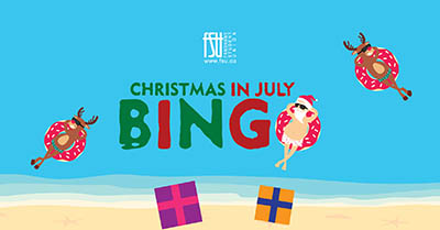 Christmas in July Bingo banner with a beach scene, featuring a reindeer and a Santa figure lounging inside donut floaties on blue water.