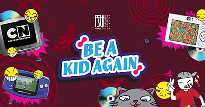 Colourful graphic with Be a Kid Again text surrounded by retro gaming devices, a cartoon cat, and playful emoji faces on a dark red background.