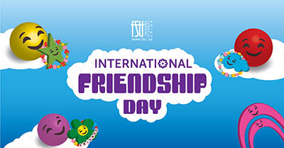 Colourful smiling emojis exchanging friendship bracelets around the text International Friendship Day on a blue background.