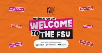 Bright orange background with bold text welcoming new students to FSU Orientation Day for Fall 2026.