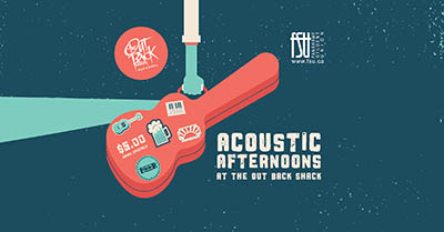 Hand holding a red guitar case with stickers promoting $5 drink specials, advertising Acoustic Afternoons at the Out Back Shack.