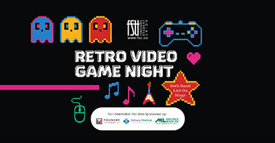 Colourful pixelated ghosts and a game controller with text promoting Retro Video Game Night at FSU Orientation Fall 2026.
